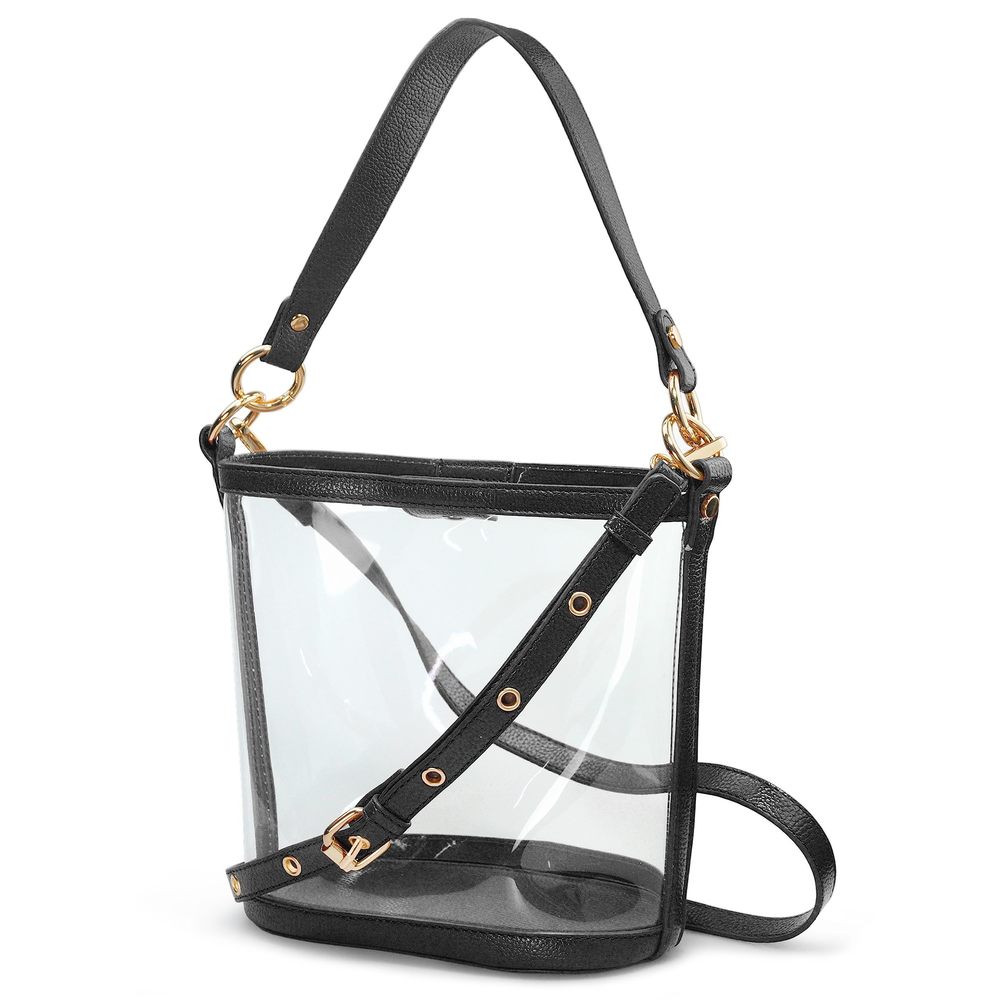 Clear Pvc Bucket Top Handle Crossbody Bag With Vegan Leather Trim :D